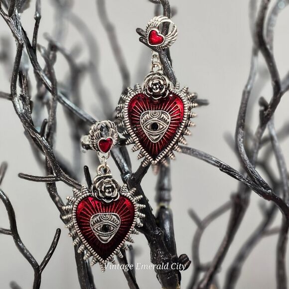 Love All Seing Dangle Earrings Rose & Heart Spikes Mystical Eye Red Enamel Goth - Picture 4 of 15